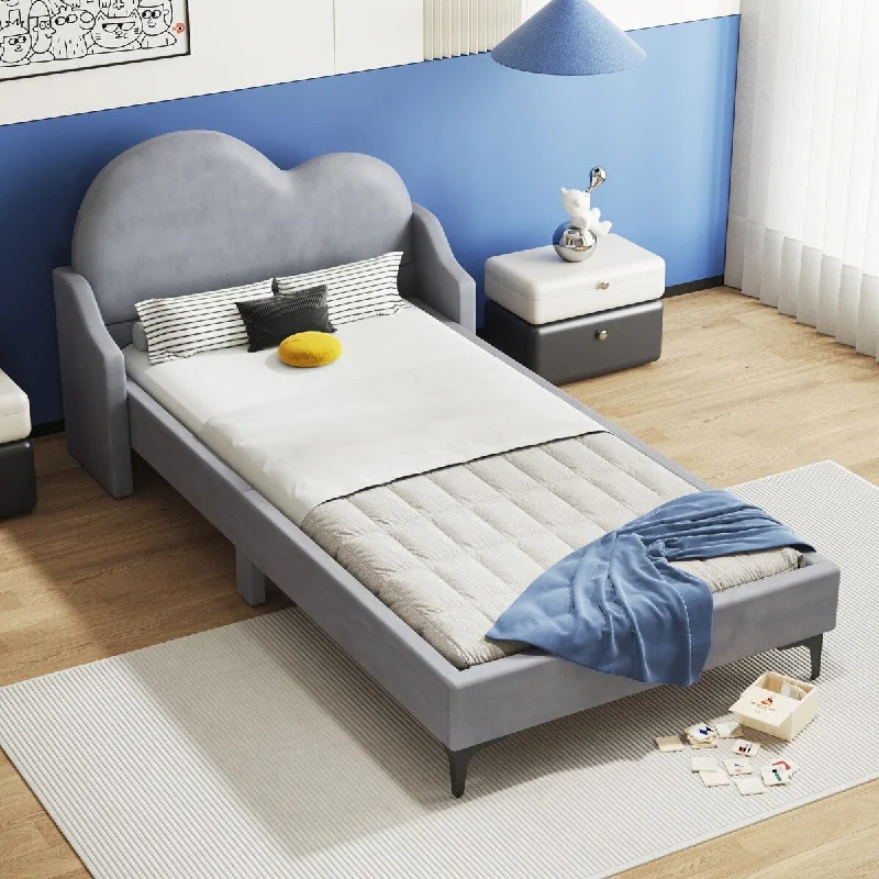 Twin Size Upholstered Platform Bed with Cloud-shaped headboard, Gray