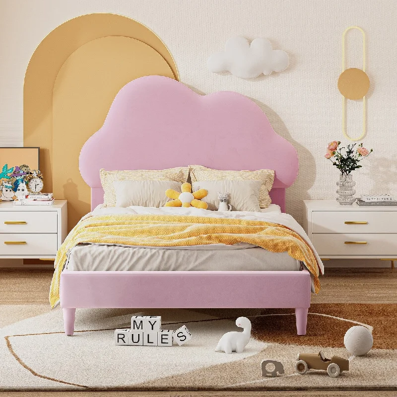 Twin Size Velvet Upholstered Platform Bed w/Cloud-Shape Headboard,Pink