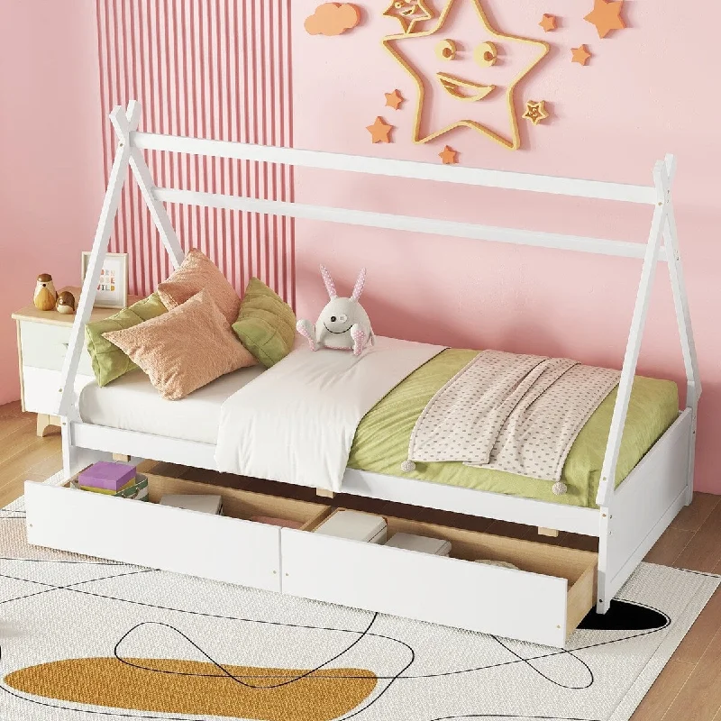 Twin Size Wooden House Platform Bed Frame with 2 Drawers, White