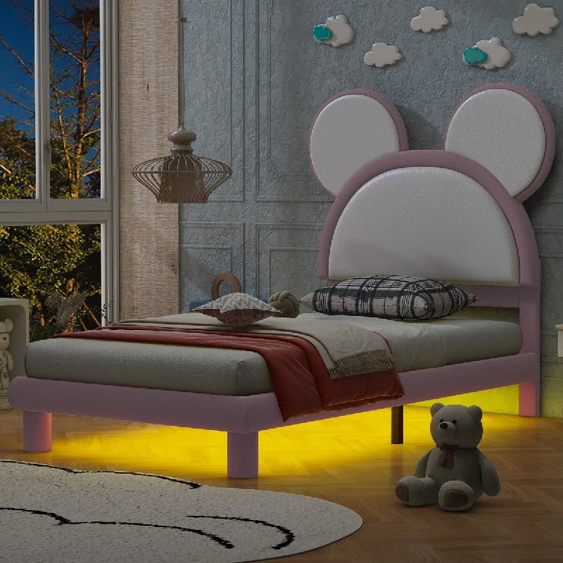 Upholstered Platform Bed Frame with LED Lights, Wooden PU Leather Bed with Cartoon Ears Shaped Headboard