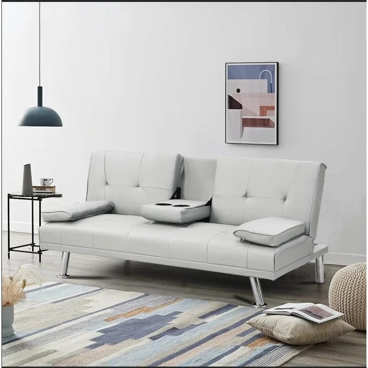 White Leather Multifunctional Pull-out Sofa Bed with Coffee Table - 31.00 x 67.00 x 33.00