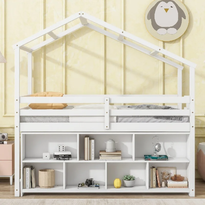 White Twin Size House Loft Bed wRoof, Under Bed Shelving Storage Unit, Platform Bed wGuardrails & Ladder, No Box Spring Needed