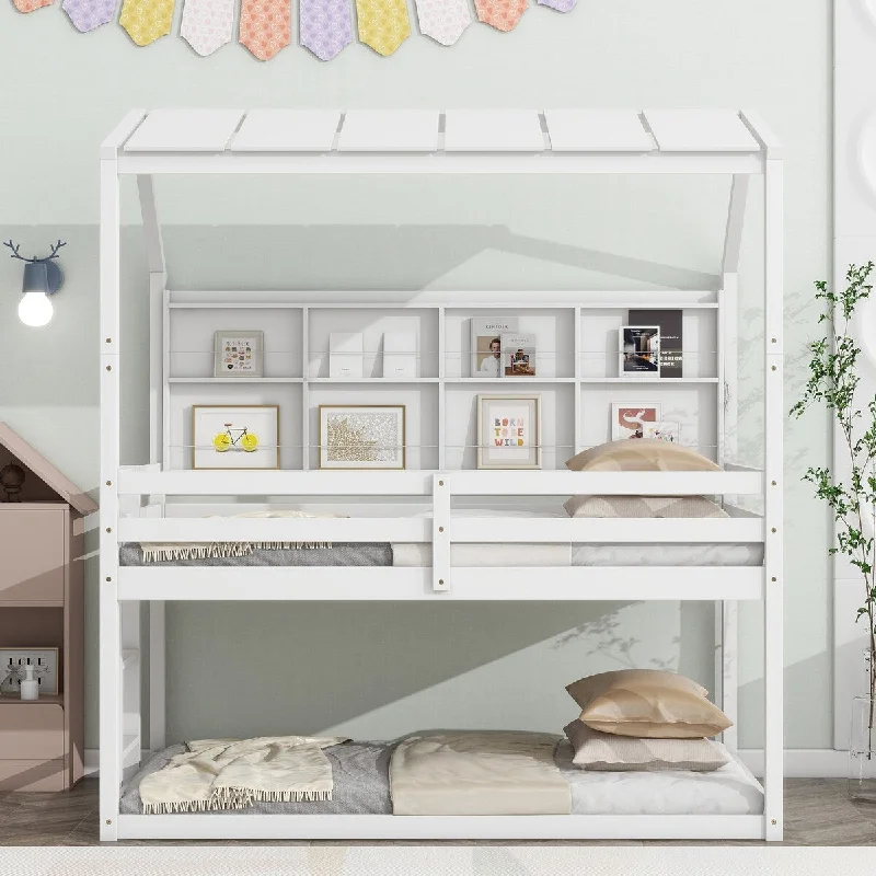 White Twin Wood House Loft Bed with Built-in Book Shelves, Guardrails, Semi-enclosed Roof, Bedside Shelves and Ladder for Kids