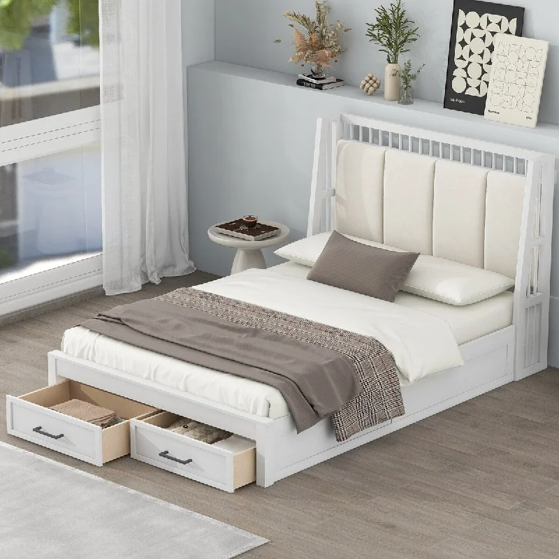 Wood Full Size Platform Bed with 2 Drawers, Upholstered Headboard