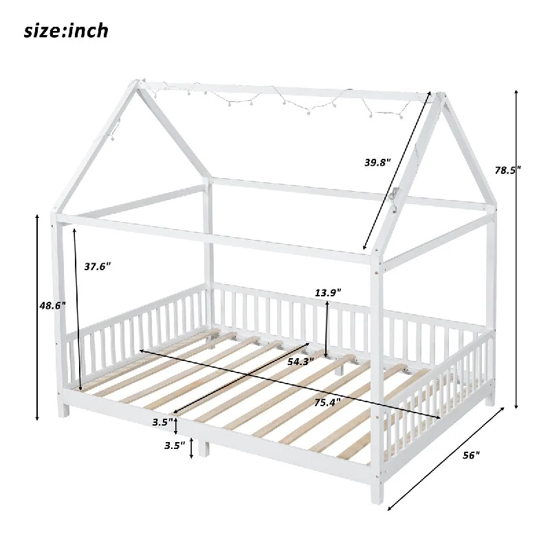 Wood Full/Twin Size House Bed with Guardrail, Kids' Beds with LED and Pine Frame