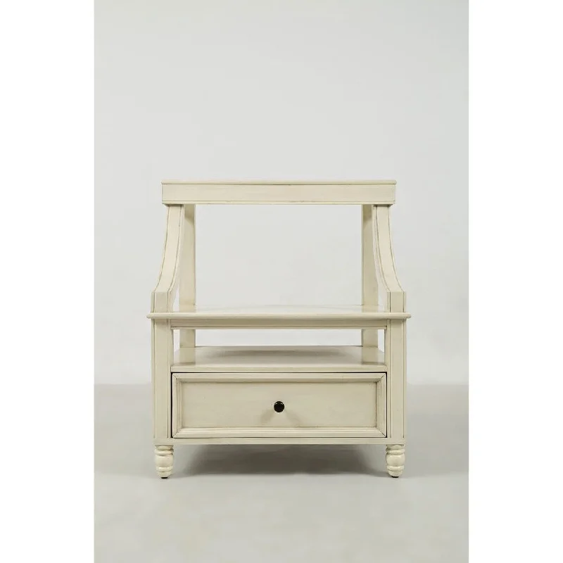 Wooden Step Up Nightstand With Drawer and Shelf, Ivory White