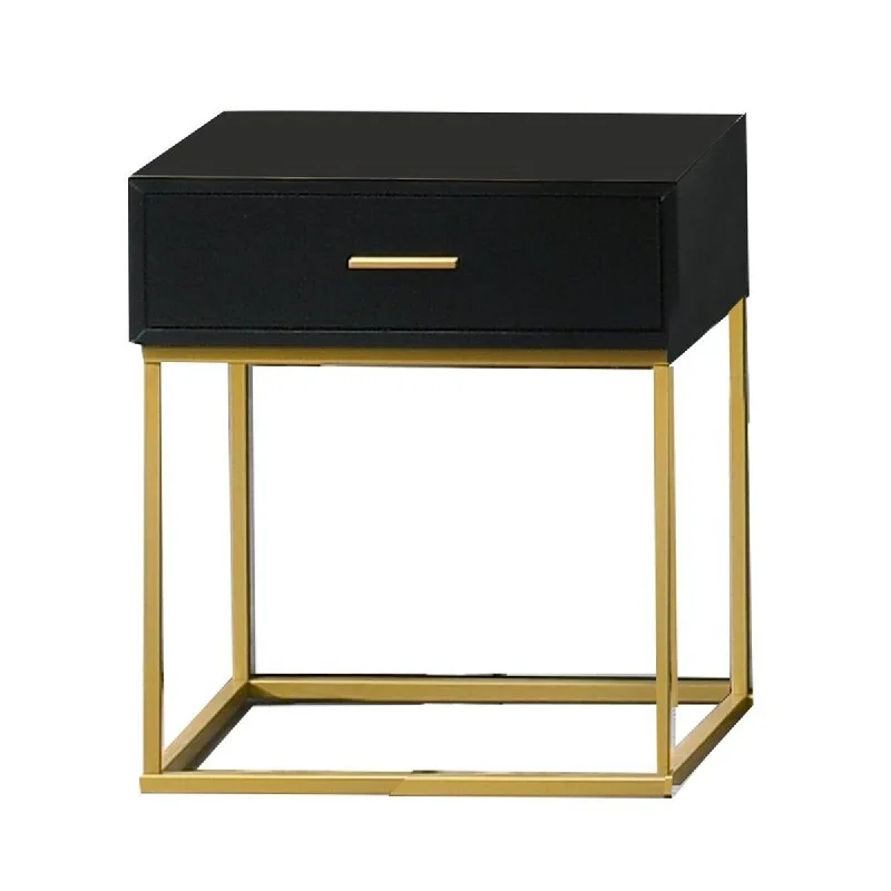 1 Drawer Wooden Nightstand with Metal Legs, Black and Gold