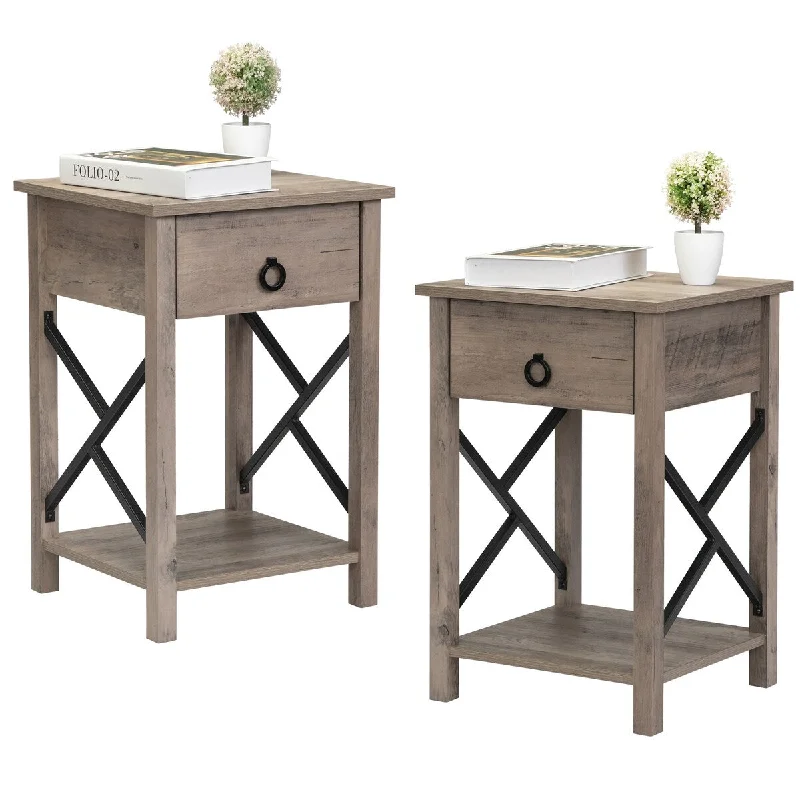 2pcs Farmhouse Night Stand X-Shape Sides Design with Drawer and Shelf