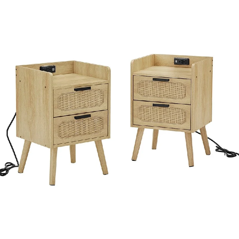 2pcs Multifunctional Rattan Nightstand with 2 Drawers and Outlets