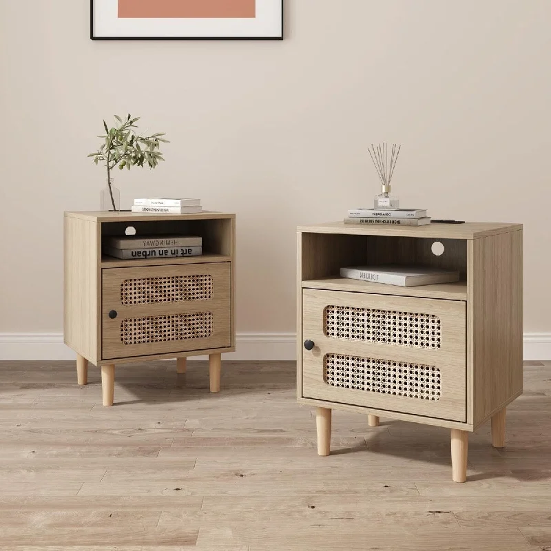 2Pcs Rattan Nightstand with Charging Station