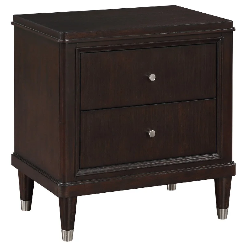 Amber Nightstand, 2 Drawers, Round Metal Knobs, Tapered Legs, Brown Wood