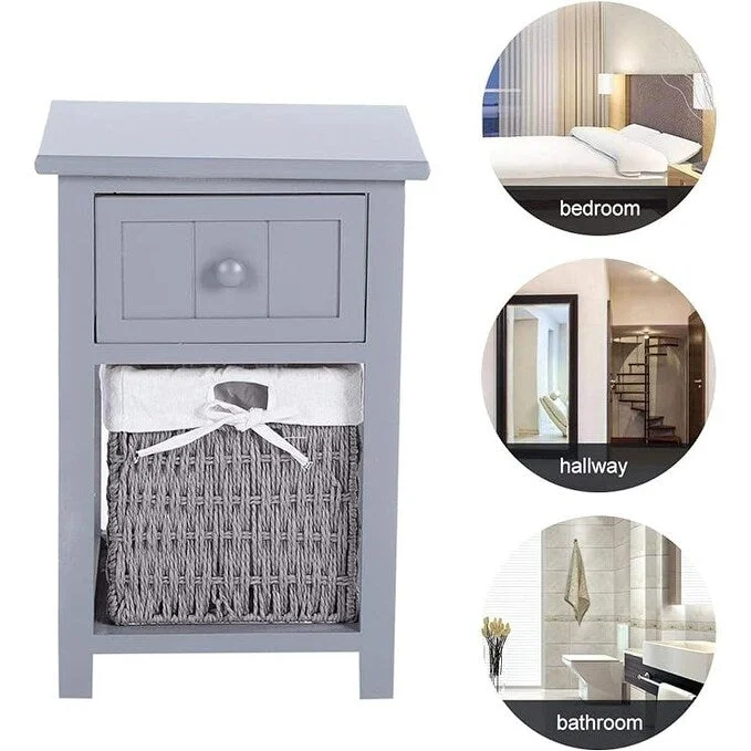 Aqua Grey Nightstand Accent Side Table Drawer and Storage Basket