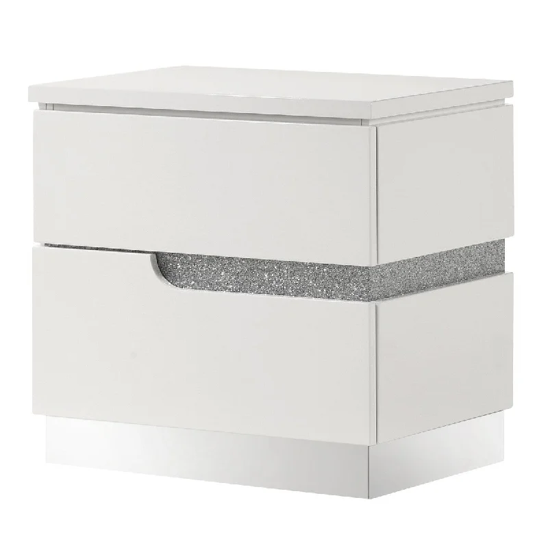 Ara 23 Inch Nightstand, 2 Drawers, Crystal Accents, White Laminate Finish