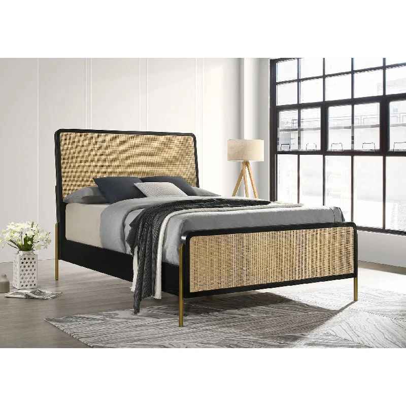 Arini Coastal Wood Panel Bed with Rattan Headboard and Footboard