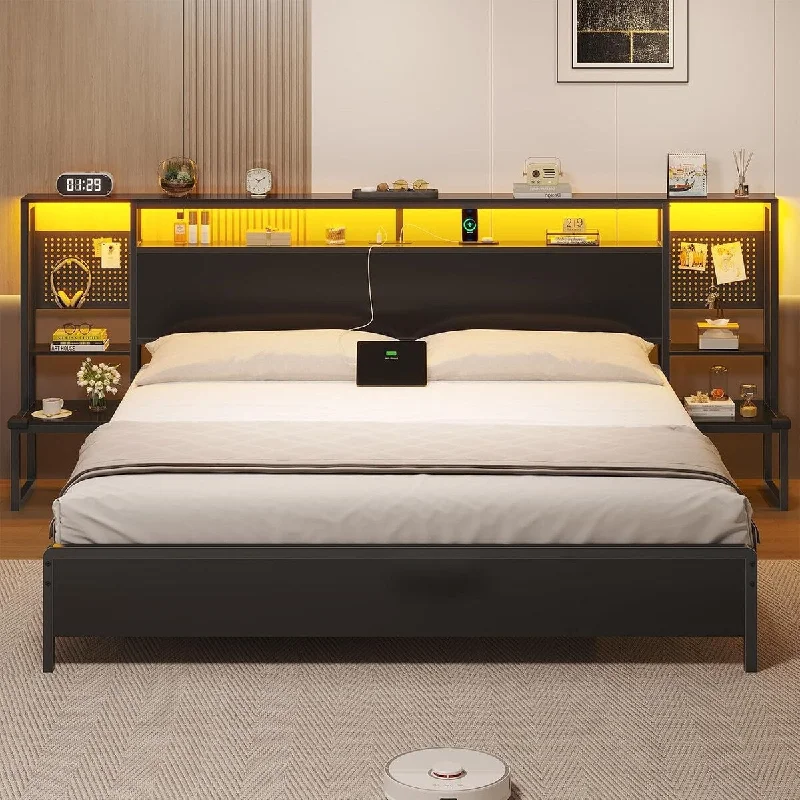 Bed Frame with Nightstands Storage Headboard & Power Outlet LED Lights