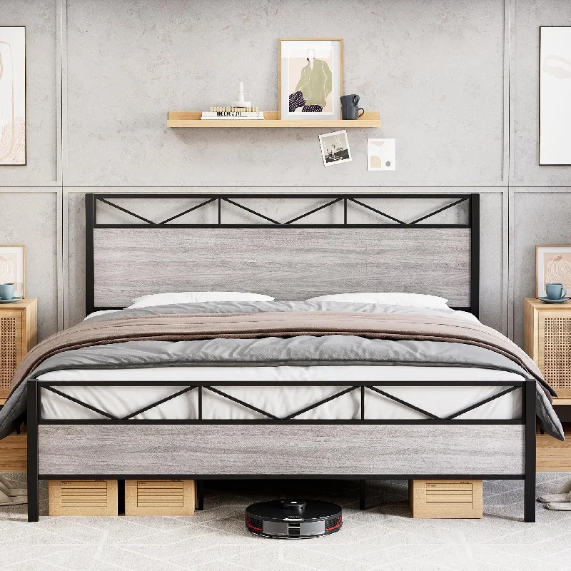 Bed Frame with Rustic Wood Headboard and Footboard