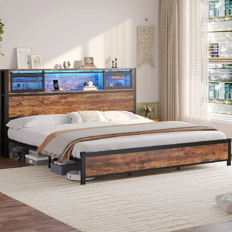 Bed Frame with Storage Headboard & Type-C Charging Station