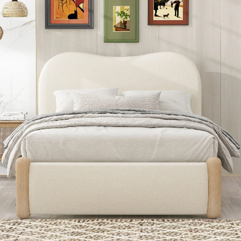 Beige Anti-collision Upholstered Bed Warm Berber Fleece Platform Bed Frame with Curved Headboard and Footboard, Twin Size