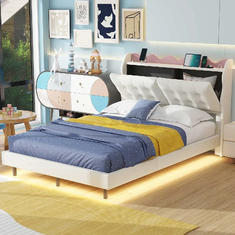 Beige Full Size Upholstered Platform Bed Storage Headboard Bed with 2 USB Charging and LED Light Strips, No Box Spring Needed