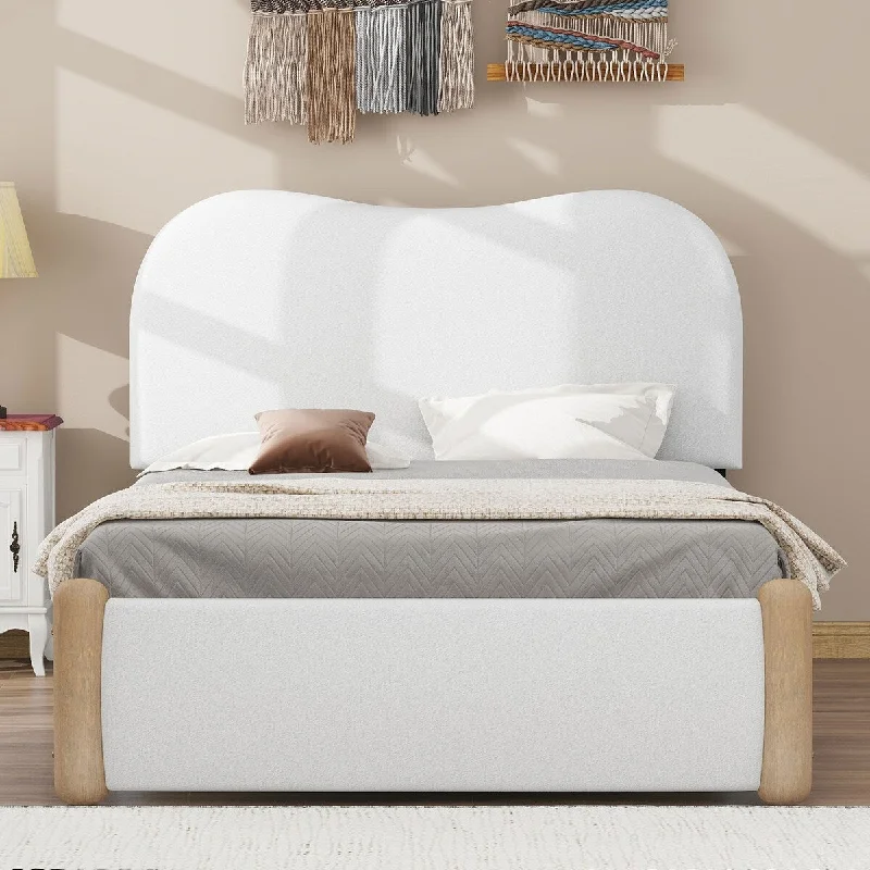 Berber Fleece Upholstered Bed Classic Platform Bed Anti-collision Curved Edge Design Twin Bed Frame with Headboard & Footboard