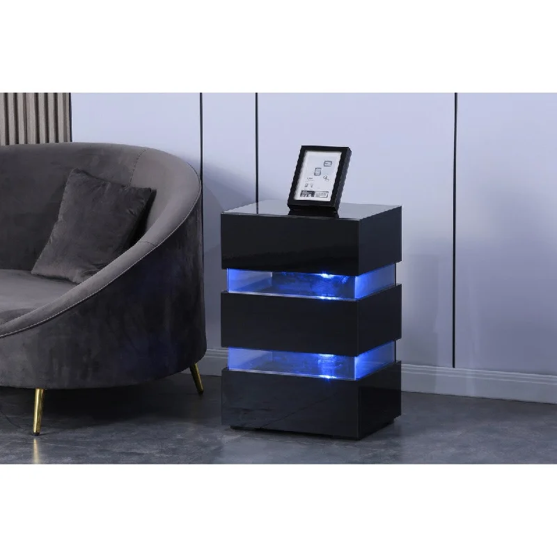 Black High Gloss LED Side Table - Modern Nightstand with 3 Drawers - 16 Color LED Light - Unique Design