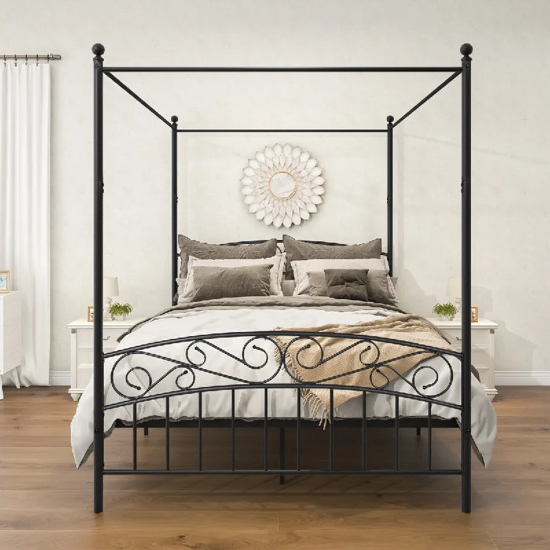 Black Queen Size Metal Canopy Bed Frame with Vintage Headboard and Footboard