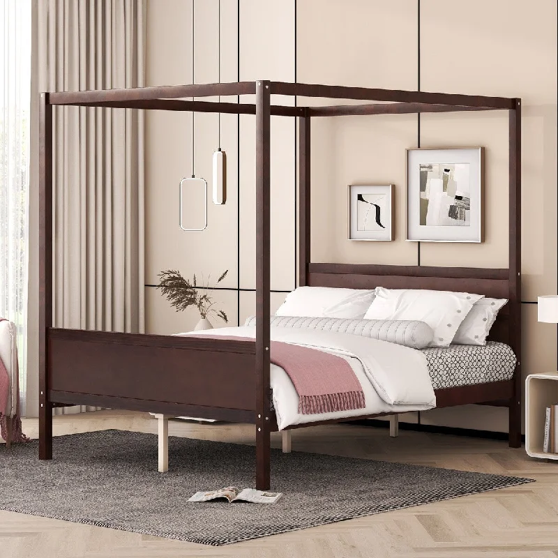 Black Queen SizeSolid Wood Canopy Platform Bed with Headboard and Footboard, Slat Support Leg