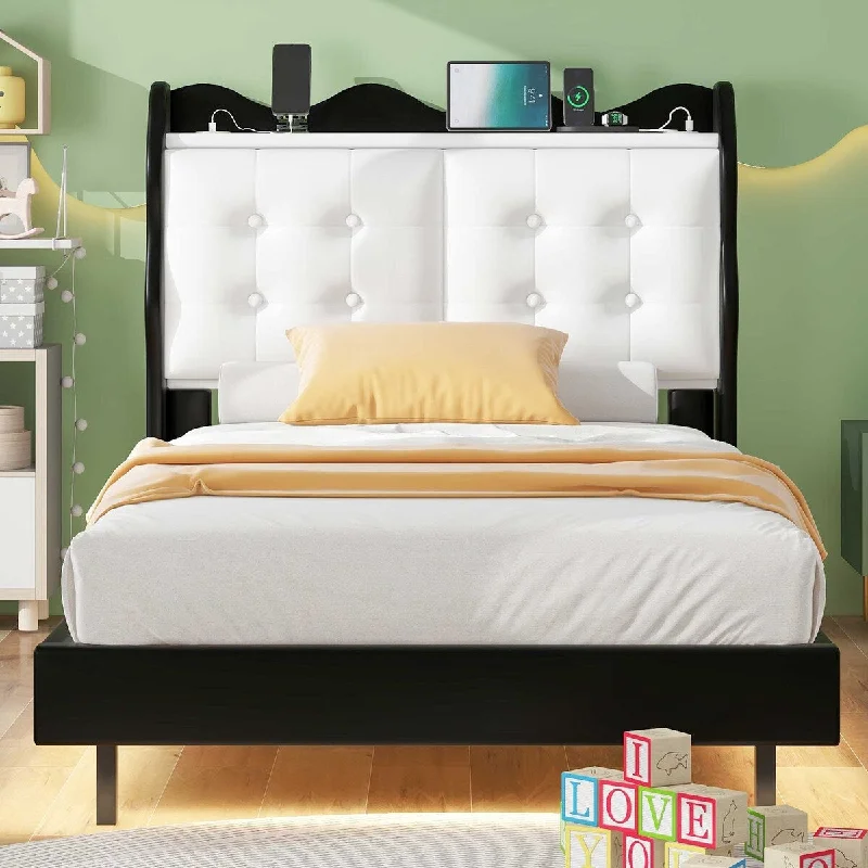 Black Twin Platform Bed with Upholstered Headboard and USB Charging, Storage Single Bed LED Light Bed Frame for Night's Sleep