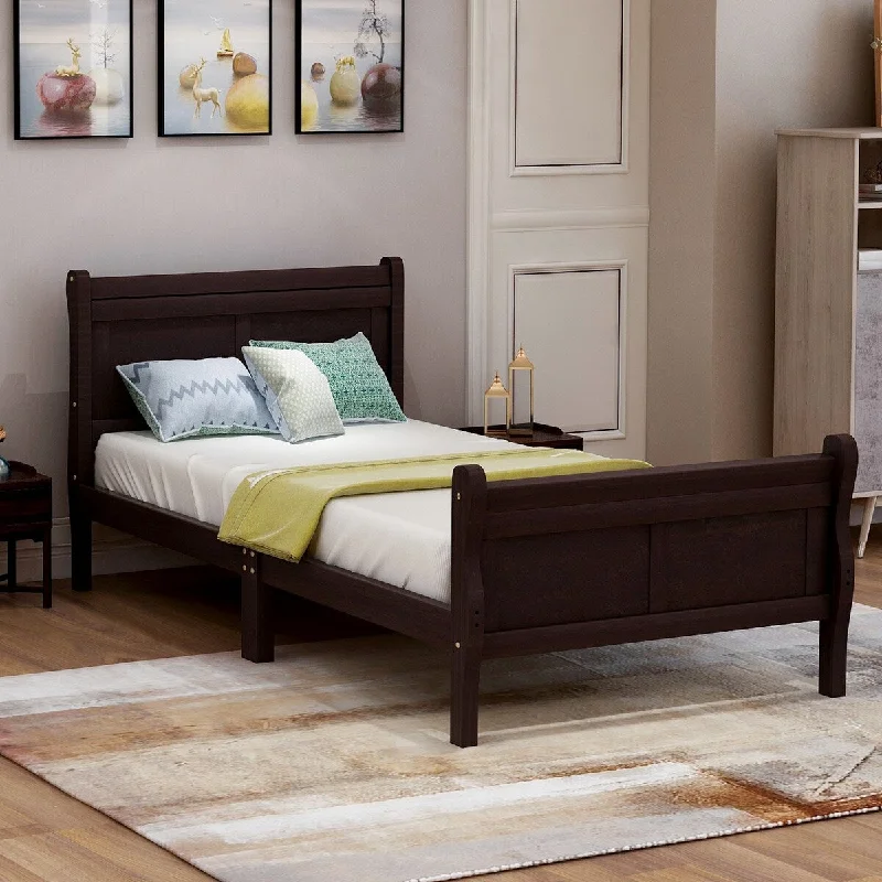 Black Twin SizeSolid Wood Platform Bed Frame with Sleigh Headboard & Footboard - Features Minimalist Design for Modern Appeal