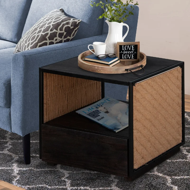 Black Wooden Side Table Nightstand, Woven Jute Side Panel Accent