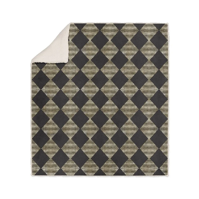 BLOCK PRINT CHECK BOARD IN BLACK AND GOLD Sherpa Comforter