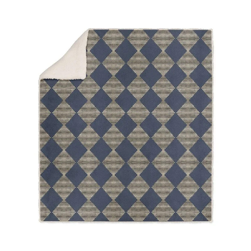 BLOCK PRINT CHECK BOARD IN NAVY AND GOLD Sherpa Comforter