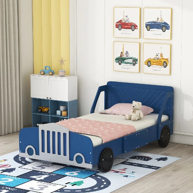 Blue Unique Car Platform Bed with Headboard and Safety Rails