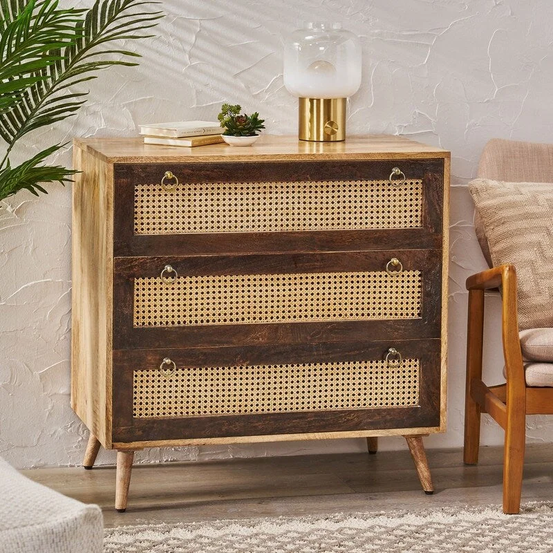 BOHO Mango Wood Nightstand with 3 Drawers,Woven Fronts Drawers