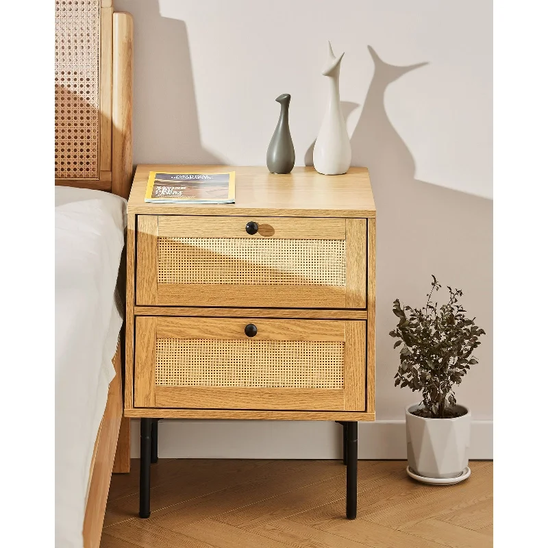 Boho Nightstand with Handmade Rattan Decorated Drawers