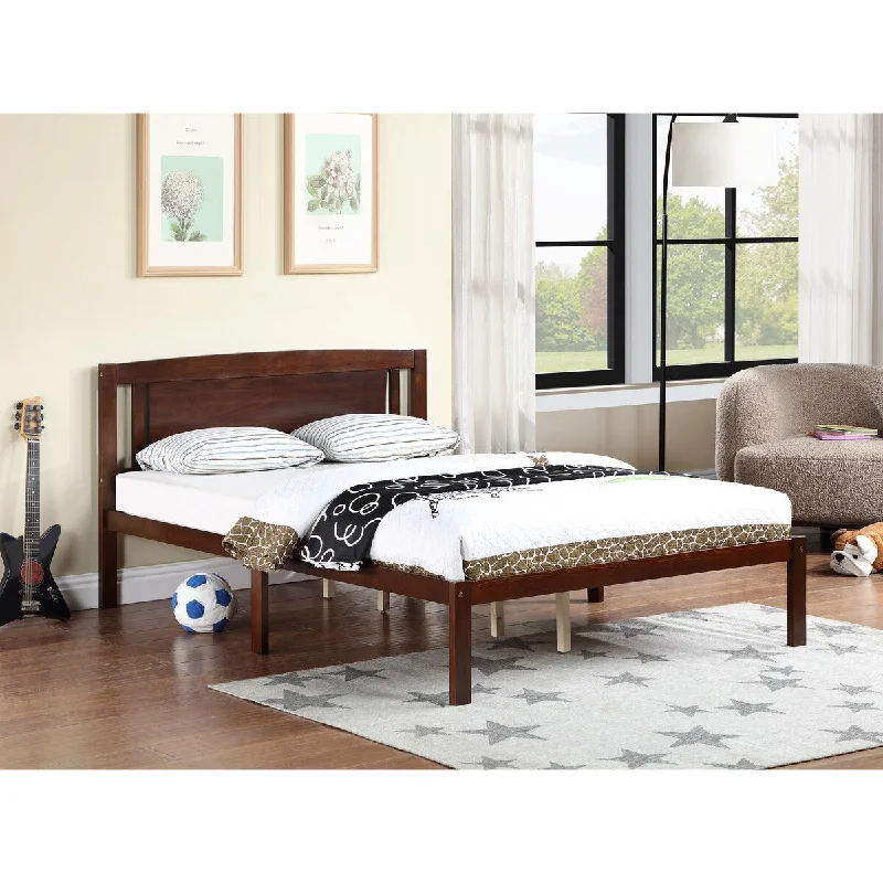 Brown Full Size Wood Platform Bed Frame with Elegant Headboard - Available in Dark Walnut or Finish