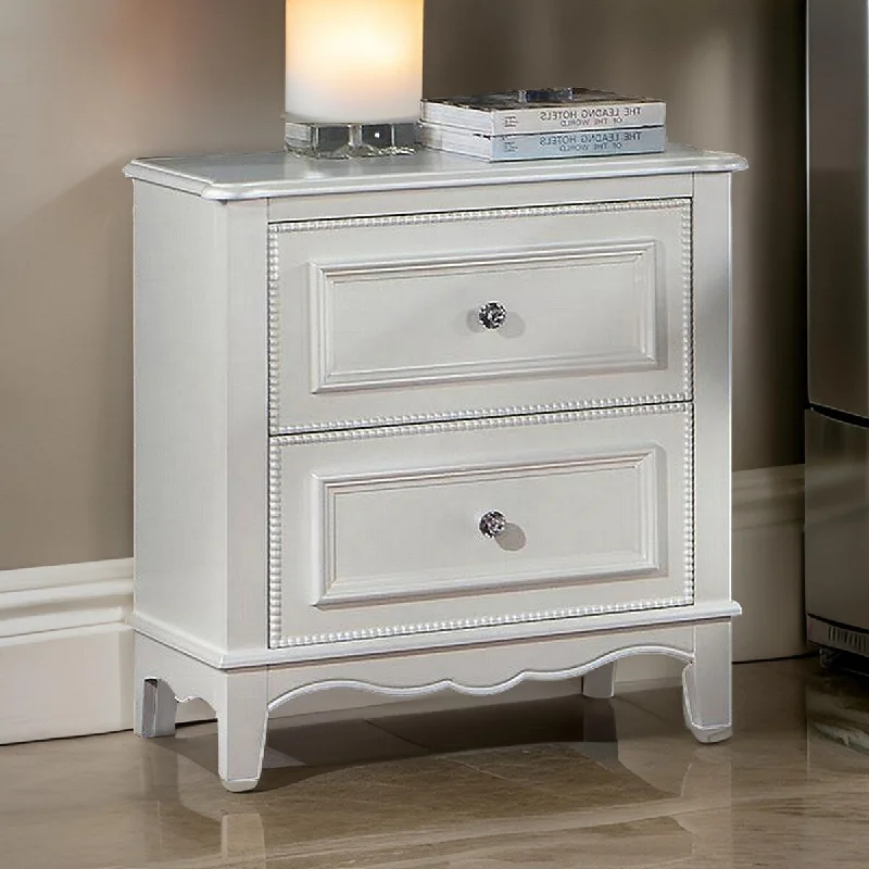 Cade 27 Inch Nightstand, 2 Drawers, Crown Mold, Crystal Knob, Wood, White