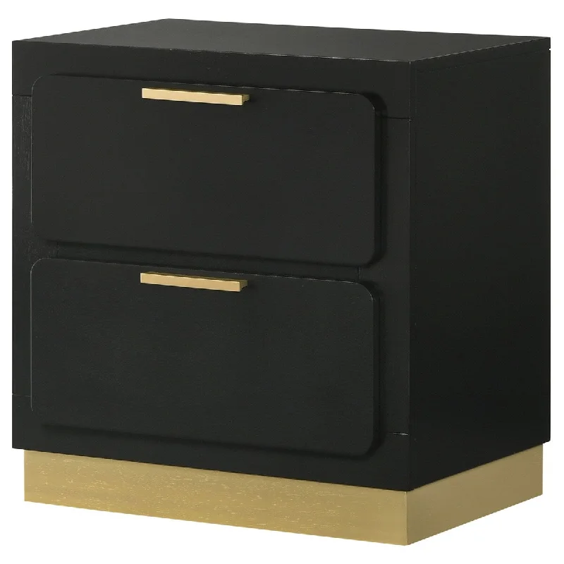 Caer Nightstand, 2 Drawers, Gold Accent Recessed Base, Bar Handles, Black