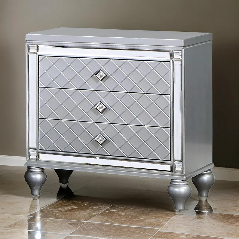 Calan 28 Inch Nightstand, 3 Drawers, Pebble Texture, Mirror Trim, Silver