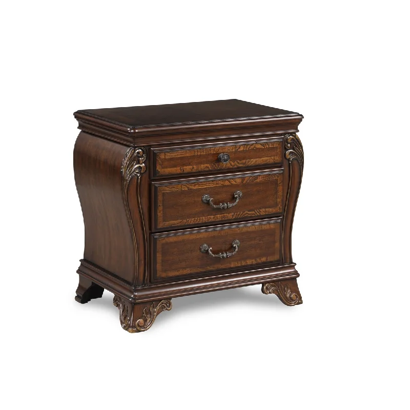 Cali 30 Inch Nightstand, 3 Drawers, 2 Drop Handles, Gold, Cherry Brown