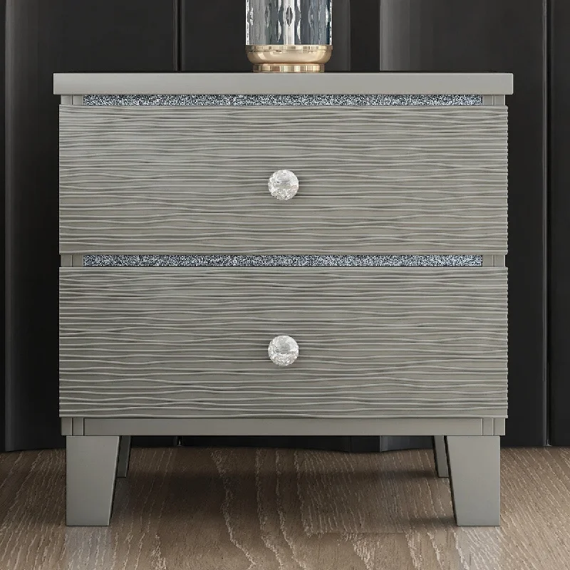 Champagne Silver Rubber Wood Nightstand Side Table with 2 Drawers - Crystal Handle for Elegant Charm