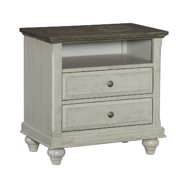 Classic Light Gray Finish 1pc Nightstand with 2x Drawers and Storage Cubby Dark Brown Top Farmhouse Design Side Table