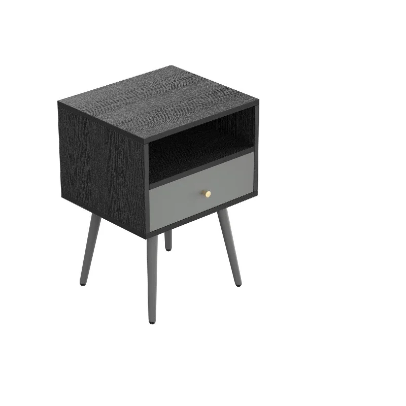 Compact Dark Grey Wood and Metal Nightstand with 1 Drawer - Space-Saving Design, Easy Assembly, and Removable Drawer Handle