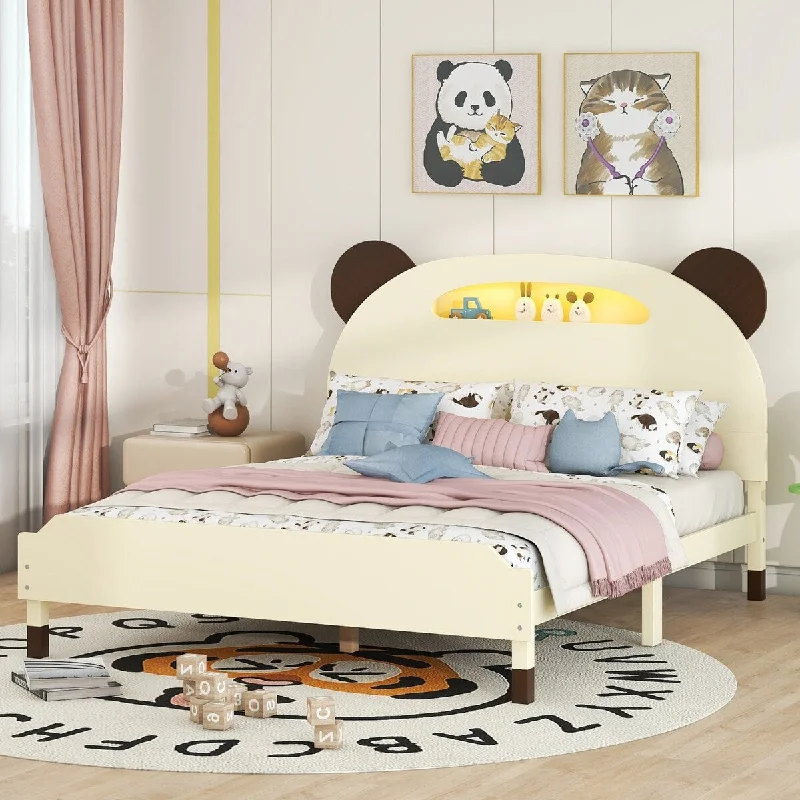 Cream Full Bear Headboard Platform Bed with Night Lights