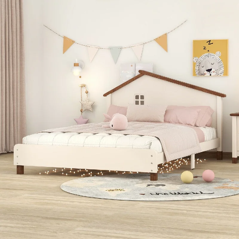 Cream Funny Design Full Size Platform Bed with House-Shaped Headboard - Solid Pine Wood