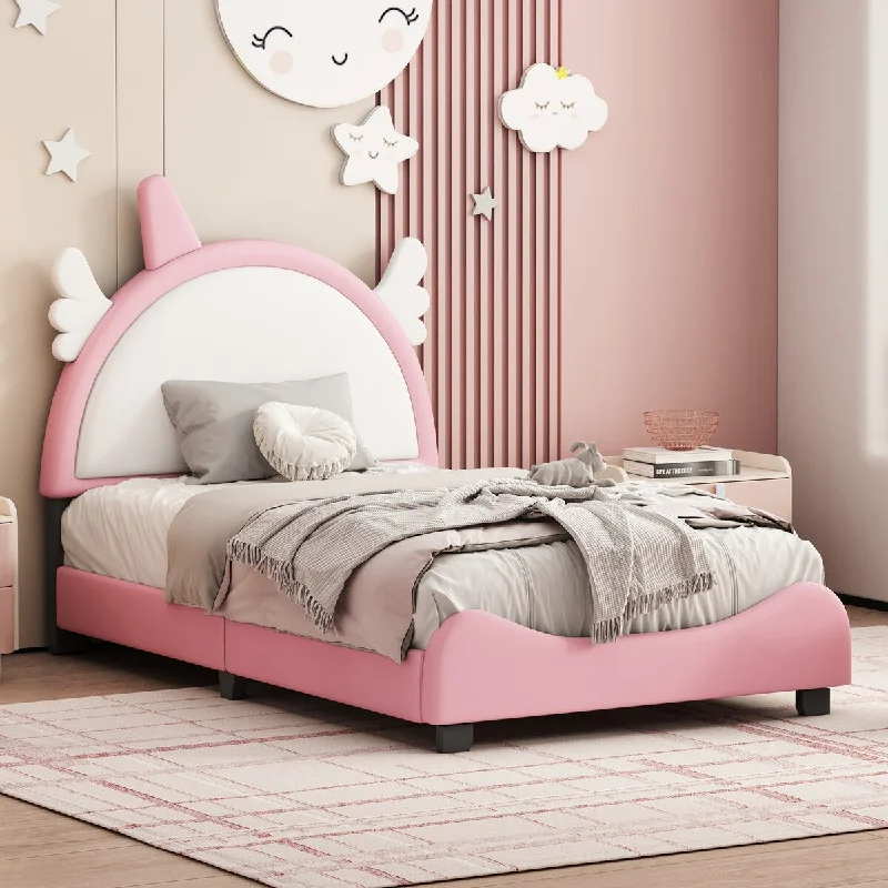 Cute Twin Upholstered Bed with Charming Unicorn Headboard for Magical Dreams