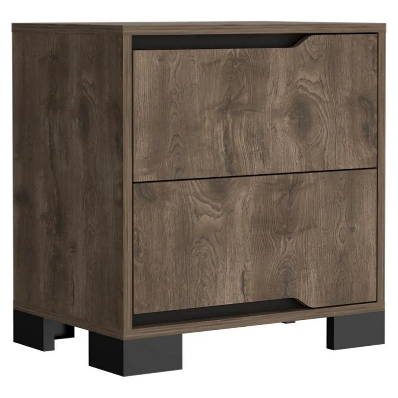 Elbe 33 Inch Modern Nightstand, 2 Gliding Drawers, Dark Oak Veneer Finish