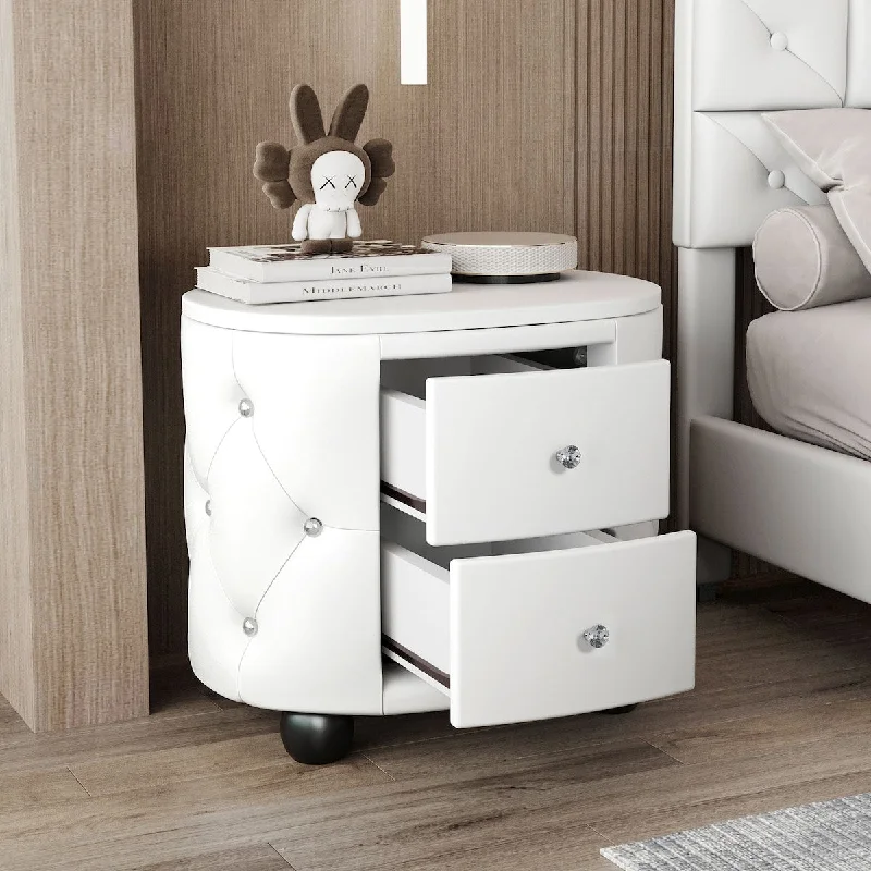 Elegant PU Nightstand with 2 Drawers and Crystal Handle