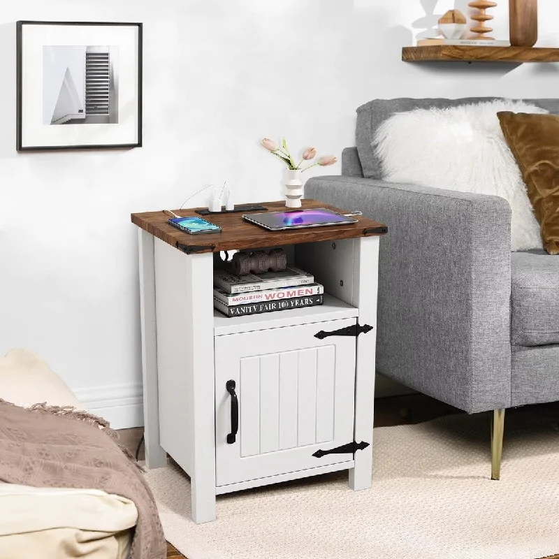 Farmhouse Nightstand with Charging Station,Storage Shelf Magnetic Door