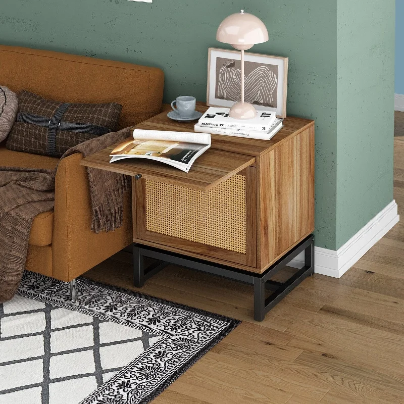 Farmhouse Nightstand with Natural Rattan Door and Pull Plate